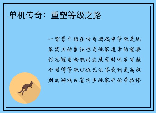 单机传奇：重塑等级之路